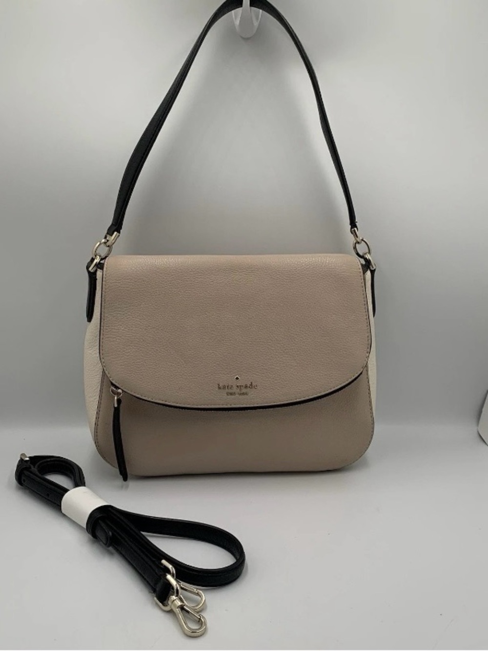 kate spade Devin Pebbled Leather Shoulder Bag in Tan/Cream with Black Trim